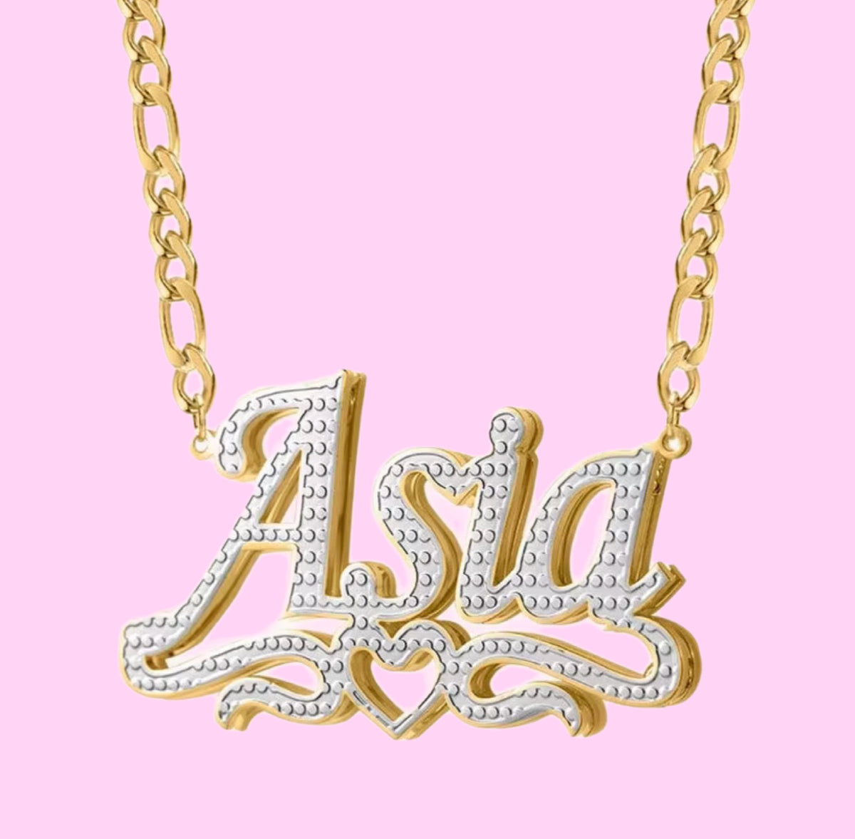 3D Two Tone Heart Nameplate Necklace