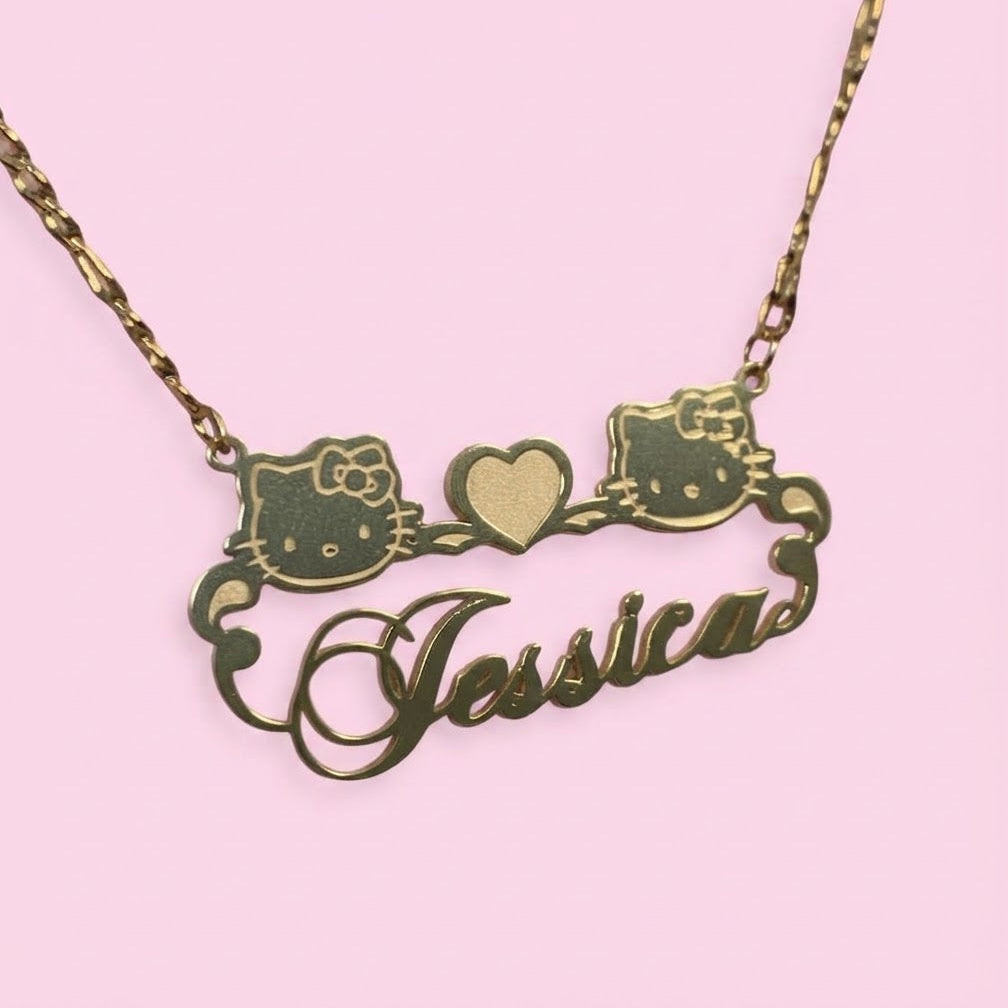 Double Hello Kitty Heart Nameplate Necklace