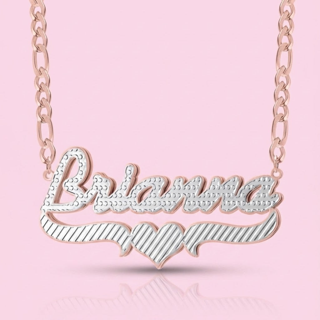 3D Double Two Tone Heart Nameplate Necklace