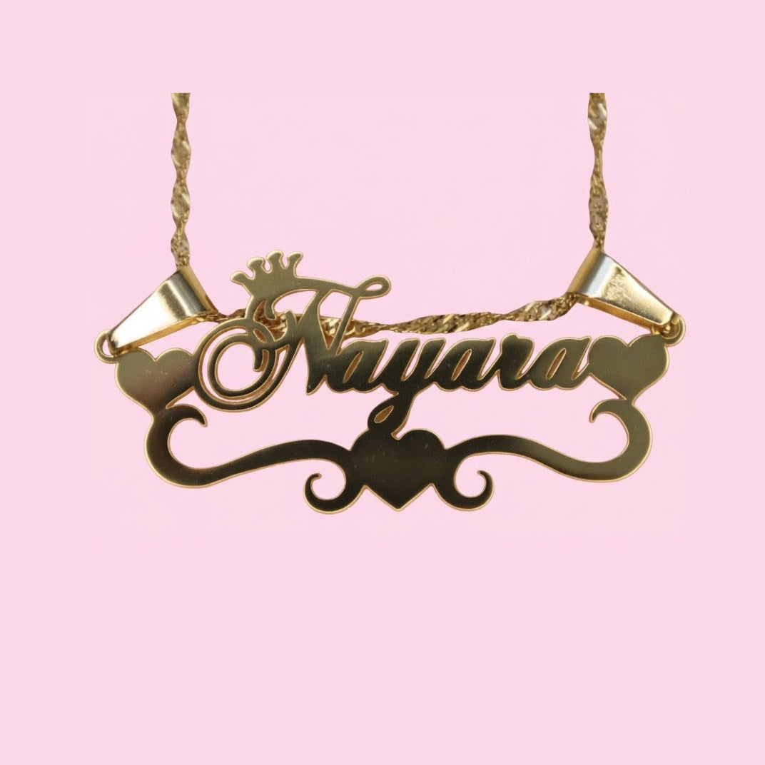 Triple Heart Crown Nameplate Necklace