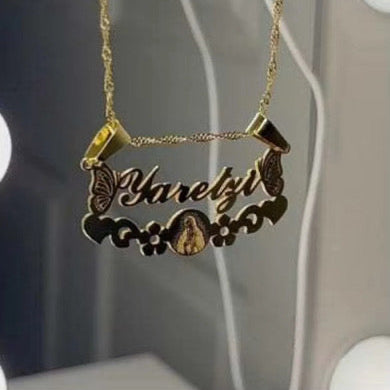 Virgencita Flower Nameplate Necklace