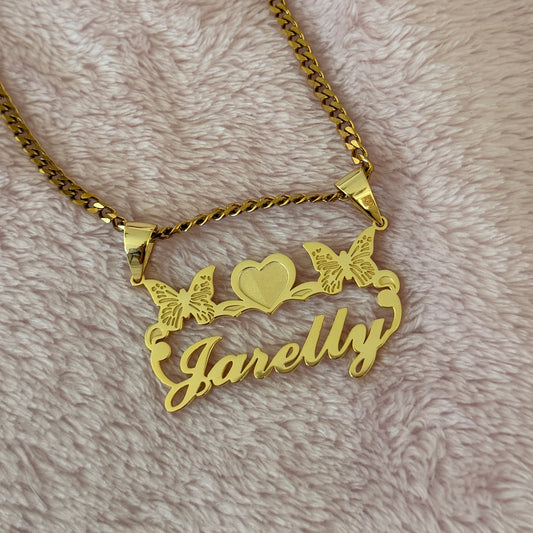 Heart Butterfly Nameplate Necklace