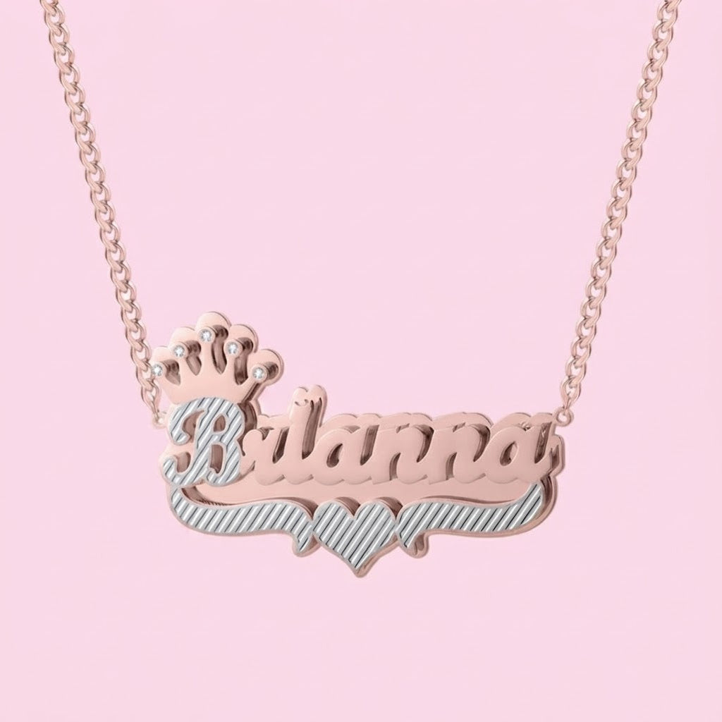 Crown Double Plated Heart Nameplate Necklace