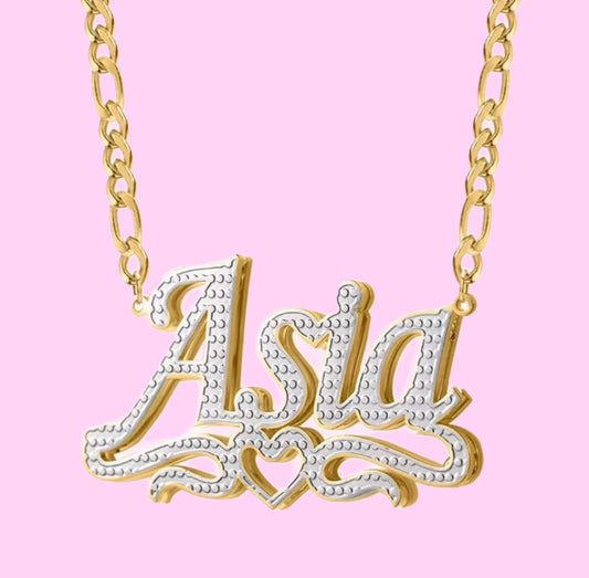 3D Two Tone Heart Nameplate Necklace