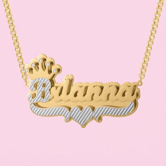 Crown Double Plated Heart Nameplate Necklace