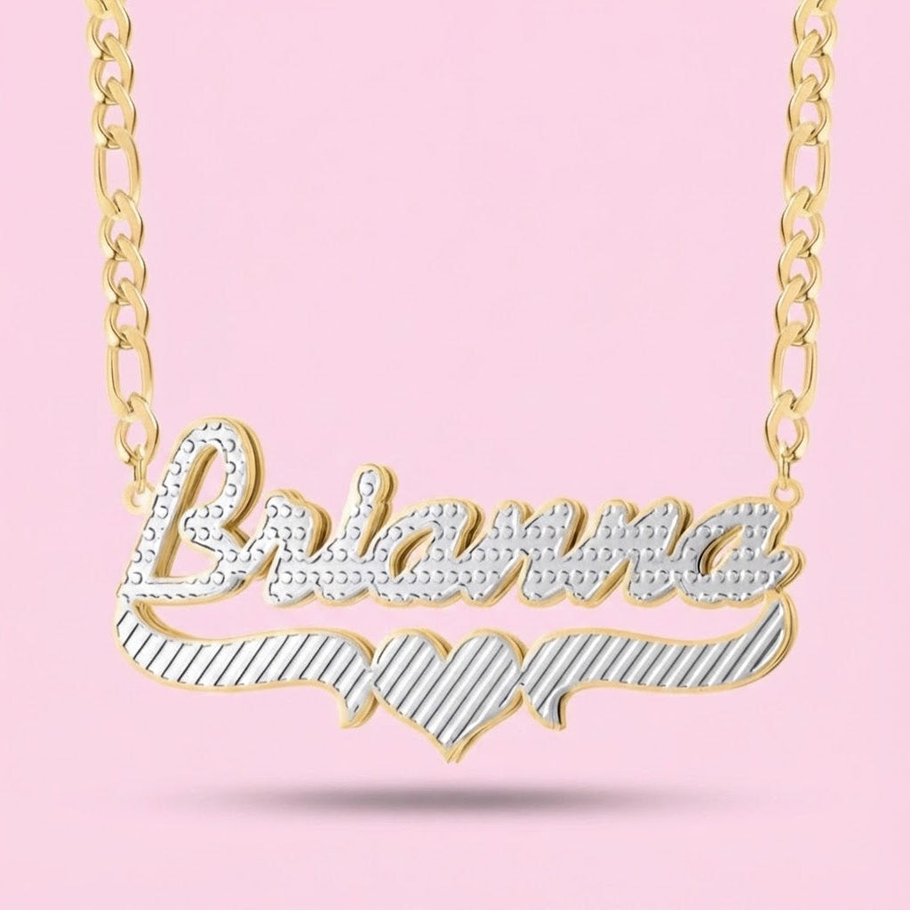 3D Double Two Tone Heart Nameplate Necklace