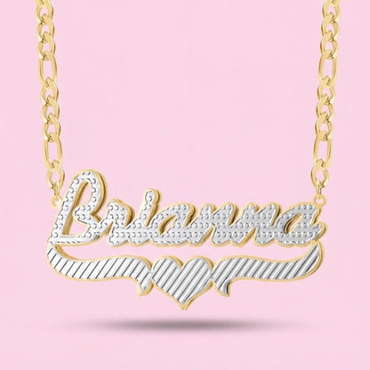 3D Double Two Tone Heart Nameplate Necklace