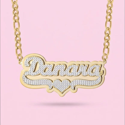 Two Tone Double Plated Heart Nameplate Necklace