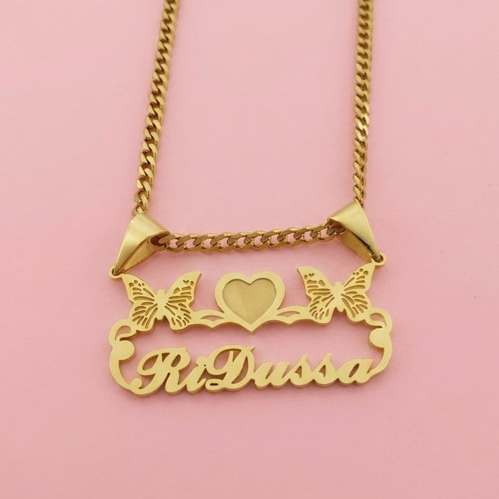 Heart Butterfly Nameplate Necklace