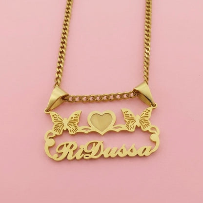 Heart Butterfly Nameplate Necklace