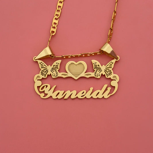 Heart Butterfly Nameplate Necklace