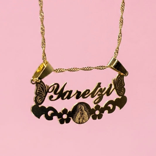 Virgencita Flower Nameplate Necklace