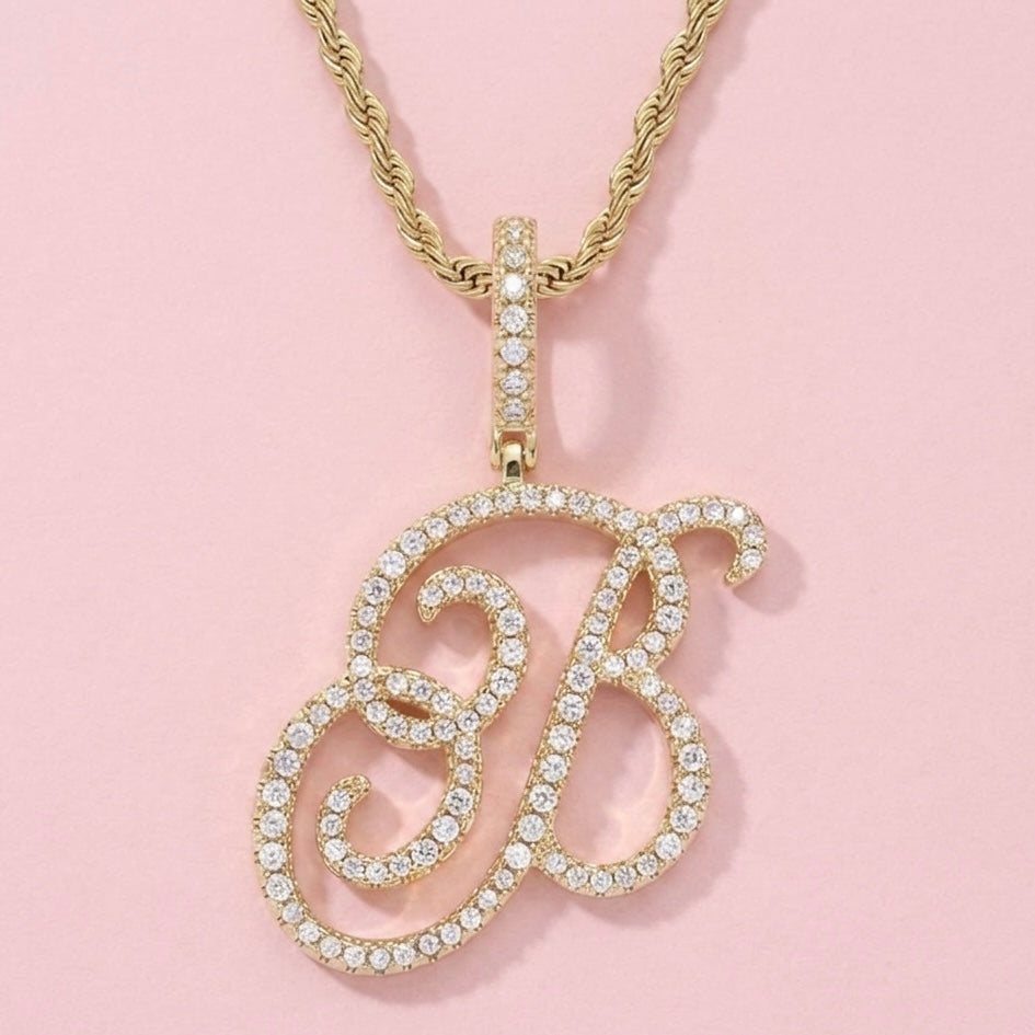 Cursive Initial Necklace Iced Out