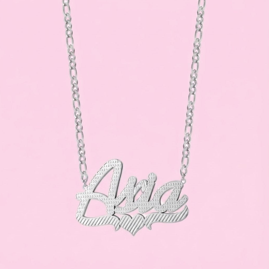 3D Double Two Tone Heart Nameplate Necklace