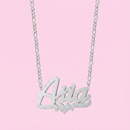 3D Double Two Tone Heart Nameplate Necklace