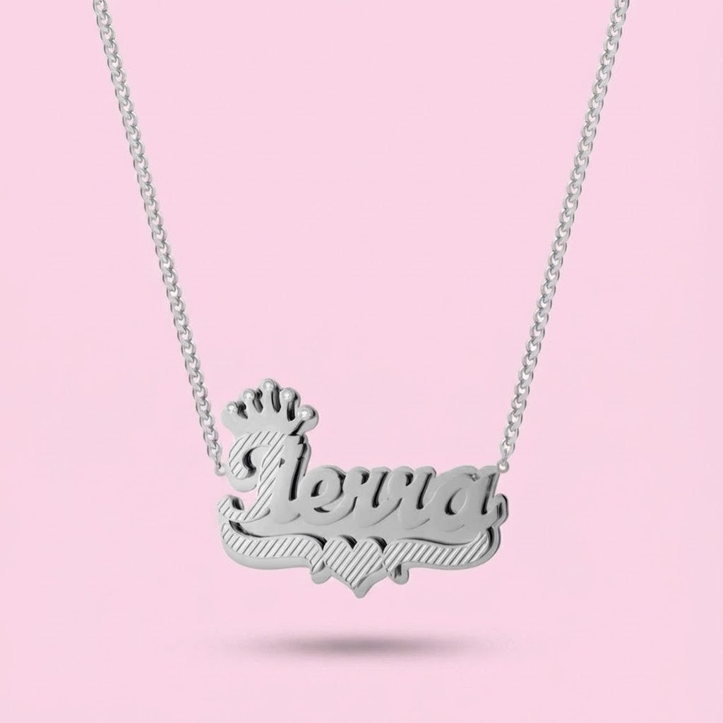 Crown Double Plated Heart Nameplate Necklace