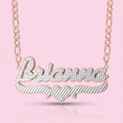 3D Double Two Tone Heart Nameplate Necklace