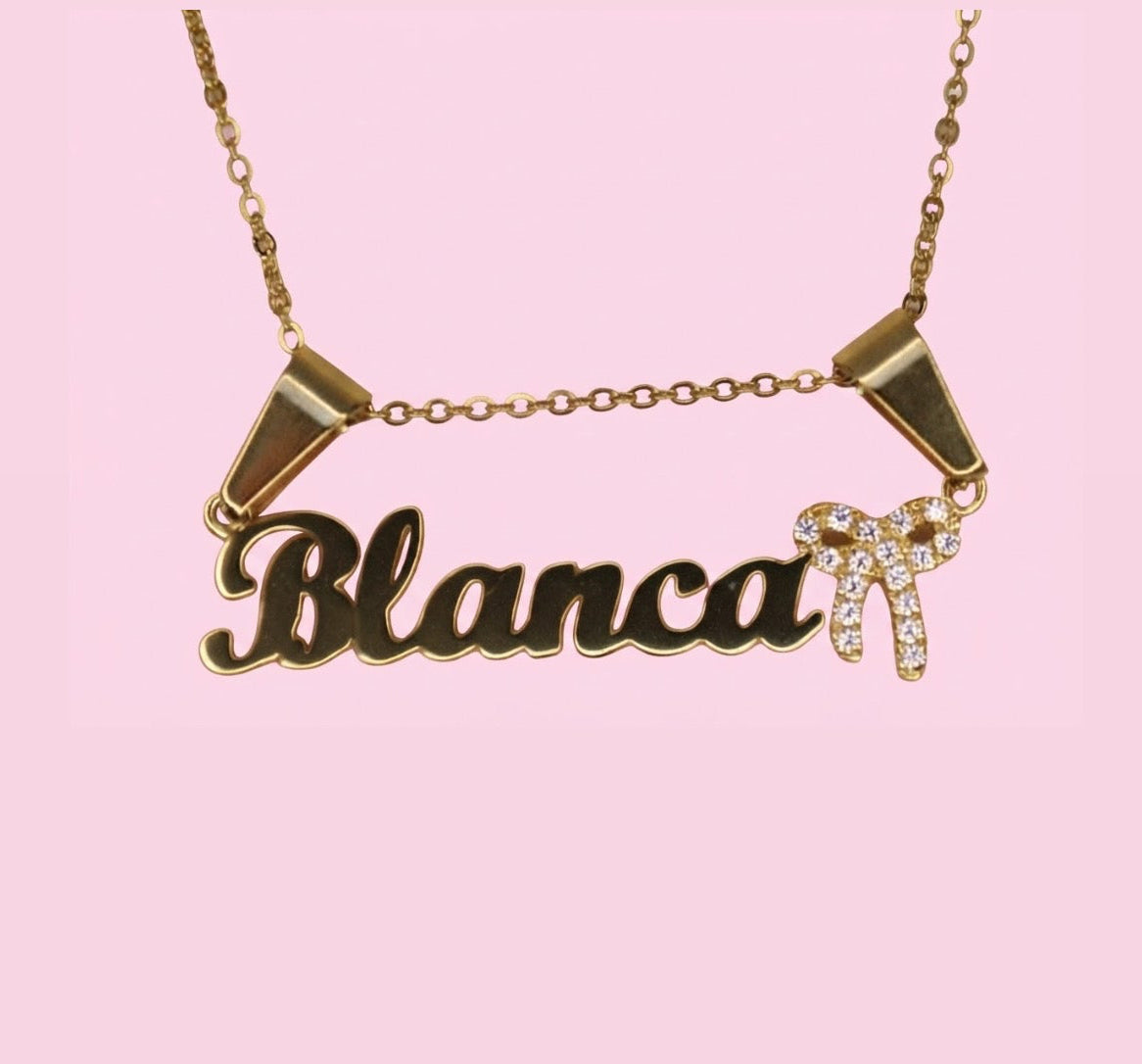 Bedazzle Bow Nameplate Necklace