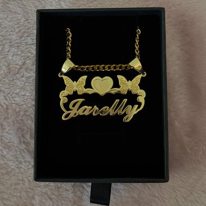 Heart Butterfly Nameplate Necklace