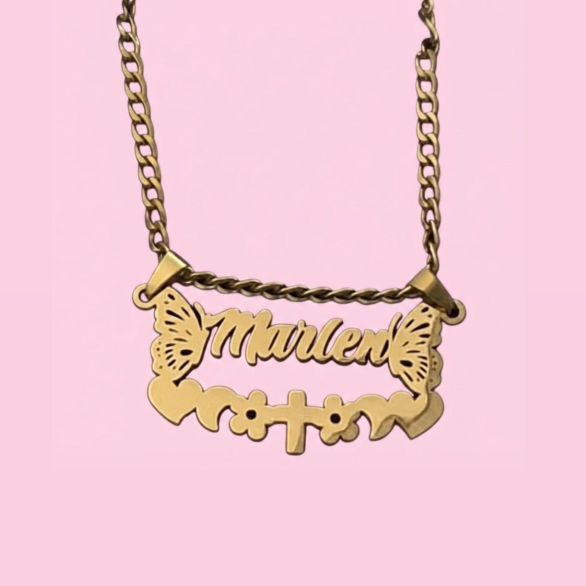 Cross Butterfly Nameplate Necklace