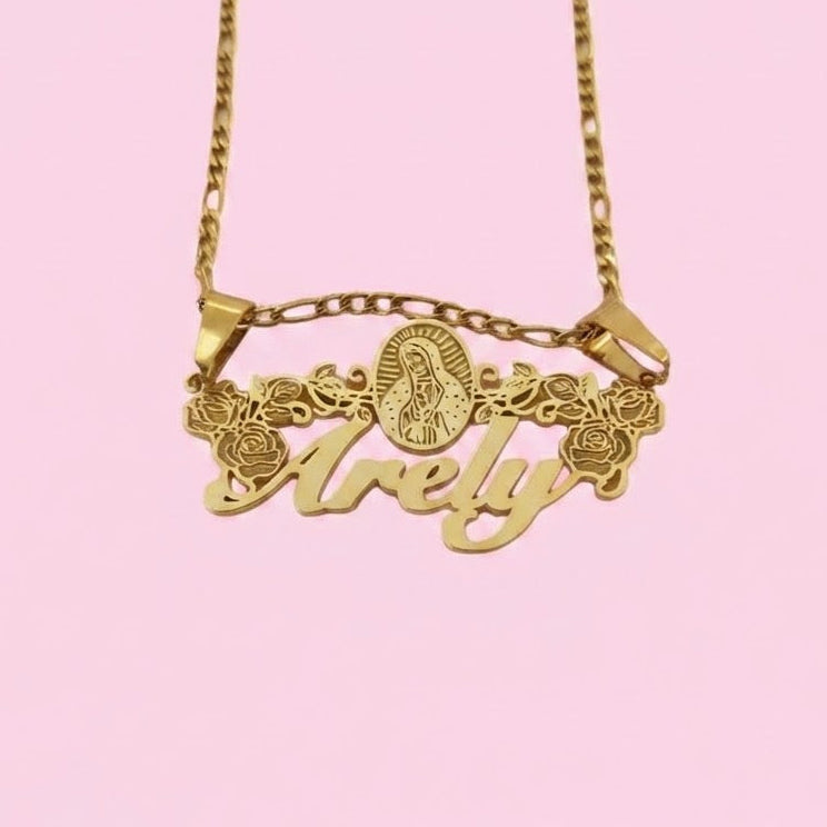 Virgin Mary Roses Nameplate Necklace