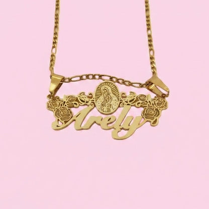 Virgin Mary Roses Nameplate Necklace